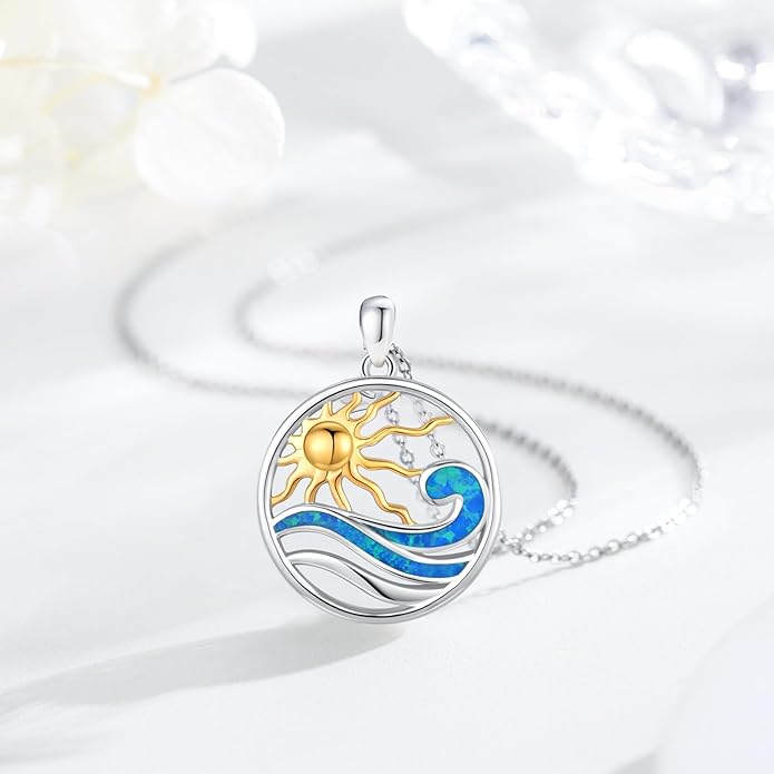 Midir&Etain Ocean Necklace 925 Sterling Silver Blue Opal Necklace Starfish/Flip Flop/Shark Pendant Beach Ocean Jewelry for Women