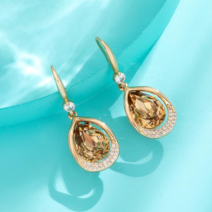 Austrian Crystal Halo Teardrop Hollow Drop Dangle Earrings for Women 14K Rose Gold Plated Hypoallergenic Jewelry Gifts