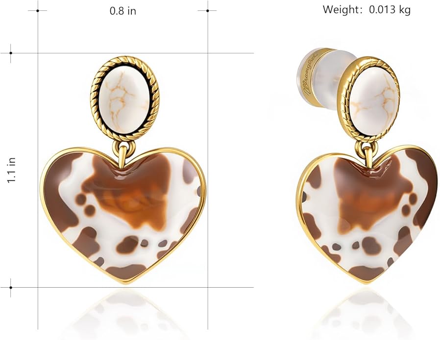 Wrangler Western Heart Drop Dangle Earrings for Women Statement 14k Gold Turquoise Cow Print Cowgirl Trendy Jewelry