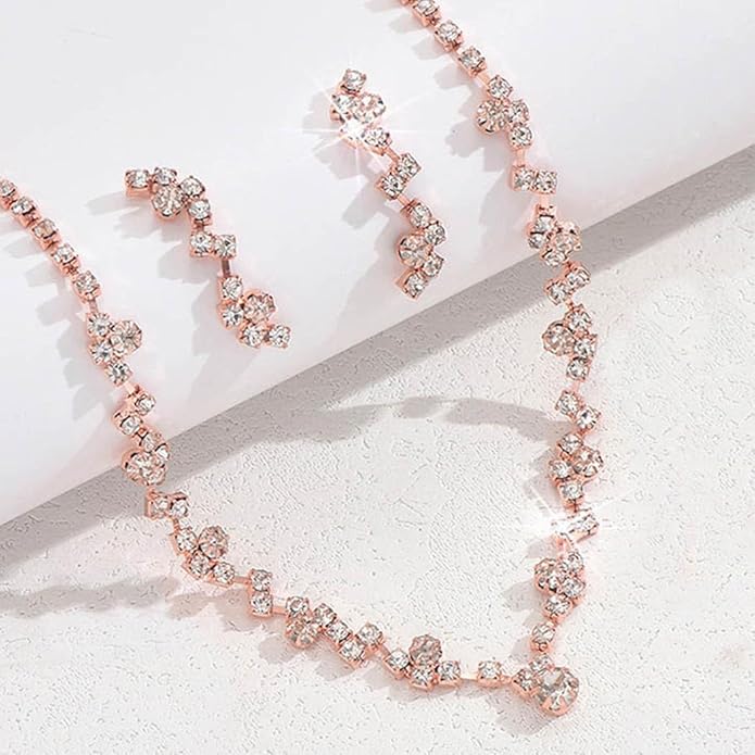 Unicra Bride Crystal Necklace Earrings Set Bridal Wedding Jewelry Sets Rhinestone Choker Necklace Costume Jewelry Set for Women and Brides (3 piece set - 2 earrings and 1 necklace)