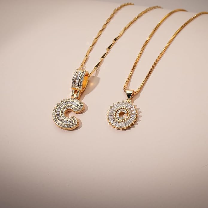 Letter Necklace 14k Gold Plated Bling Dainty Necklaces Trendy Chunky Custom Name Necklace Personalized Round Circle Pendant Zirconia Letters Name Crystal Jewelry Gifts for Women