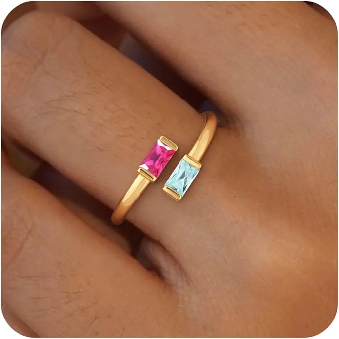 Honsny Gold Birthstone Rings for Women Non Tarnish 14K Gold Plated Adjustable Emerald Ring Cubic Zirconia Gemstone Promise Ring for Her Engagement Personalized Waterproof Jewelry Gifts for Birthday