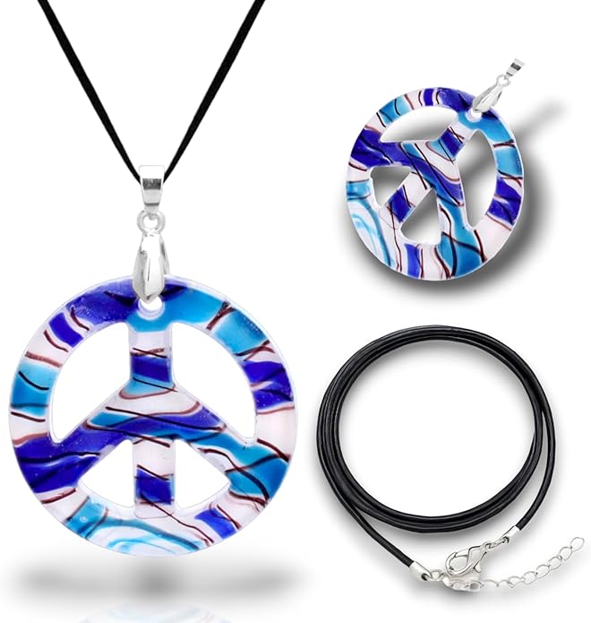 BESHEEK Murano Inspired Peace Sign Blown Glass Lampwork Art Pendant Necklace for Women Handcrafted Artisan Hypoallergenic Italian Style Jewelry