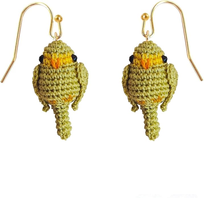 Hand-crocheted yellow and blue parrot earrings, miniature crocheted artistic cute playful parrot gifts accessories