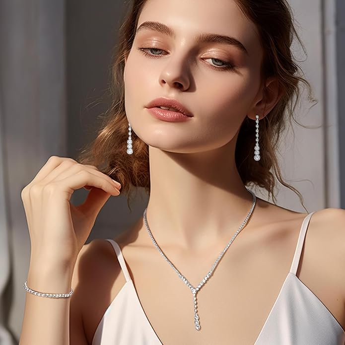 Silver Crystal Bridal Jewelry Set, Teardrop Dangle Earrings Rhinestone Necklace Bracelet for Bride Bridesmaid Crystal Bridal Wedding Party Jewelry Sets