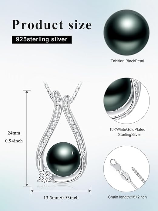 Tahitian Black Pearl 18K White Gold Plated Sterling Silver Heart/Infinity/Four Leaf Clover Pendant Necklace Jewelry Gifts for Women Wife Mom Girlfriend Wedding Birthday Anniversary Christmas