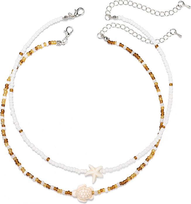 Women's Shell Starfish Boho Layered Beaded Necklace Choker for Summer Beach Vacation Gifts for Birthday/Anniversary/Christmas