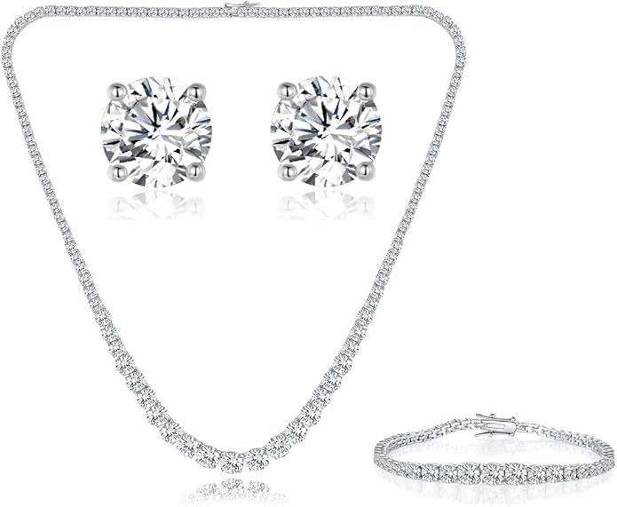 Gemsme 18K White Gold Plated Tennis Necklace/Bracelet/Earrings/Band Ring Sets Hypoallergenic Jewelry Pack of 4
