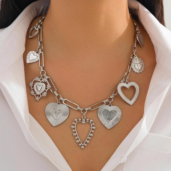 Chunky Gold Heart Necklace for Women,Y2K Big Heart Statement Necklace Long Puffy Hearts Chain Charm Necklaces Trendy Jewerly