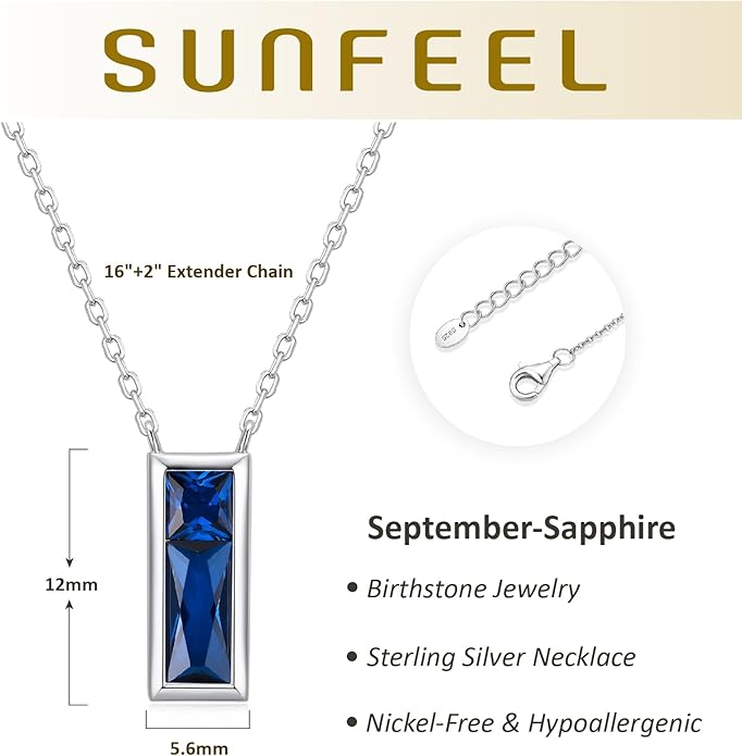 SUNFEEL Birthstone Necklace for Women, S925 Sterling Silver Necklaces with Square Cubic Zirconia Gemstone Necklace Women's Jewelry Anniversary Birthday Gifts for Women Mom Wife Her