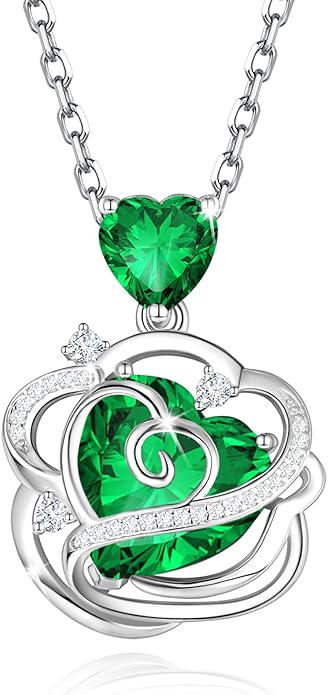 FANCIME Thornless Pulse Heart Birthstone Necklace for Women Sterling Silver Rose Pendant Fine Jewelry Gemstone Birthday Valentines Day Gifts for Wife Her