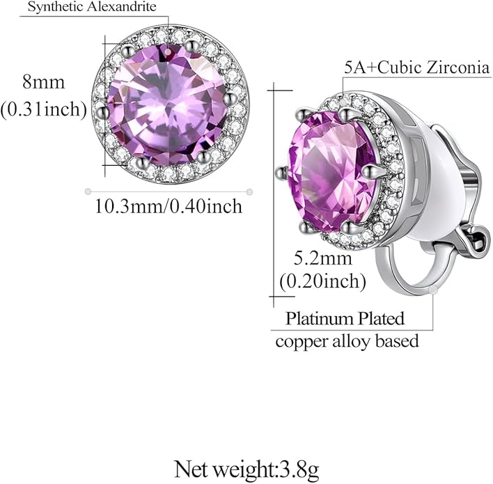 FindChic Sparkling Birthstone Clip On Earrings for Women, Silver Plated Stud Earrings 8MM Cubic Zirconia Non Pierced Studs, 12 Months Birthday Jewelry Gift
