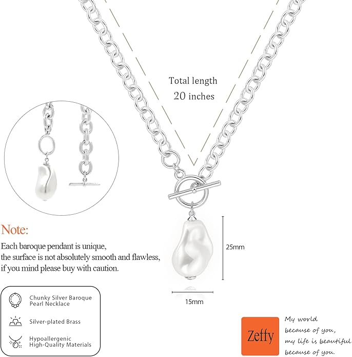 Zeffy 14K Gold/Silver Plated Chunky Thick Chain Toggle Clasp Necklace Dainty Baroque Pearl/Heart/Cross/Turquoise Pendant Necklace