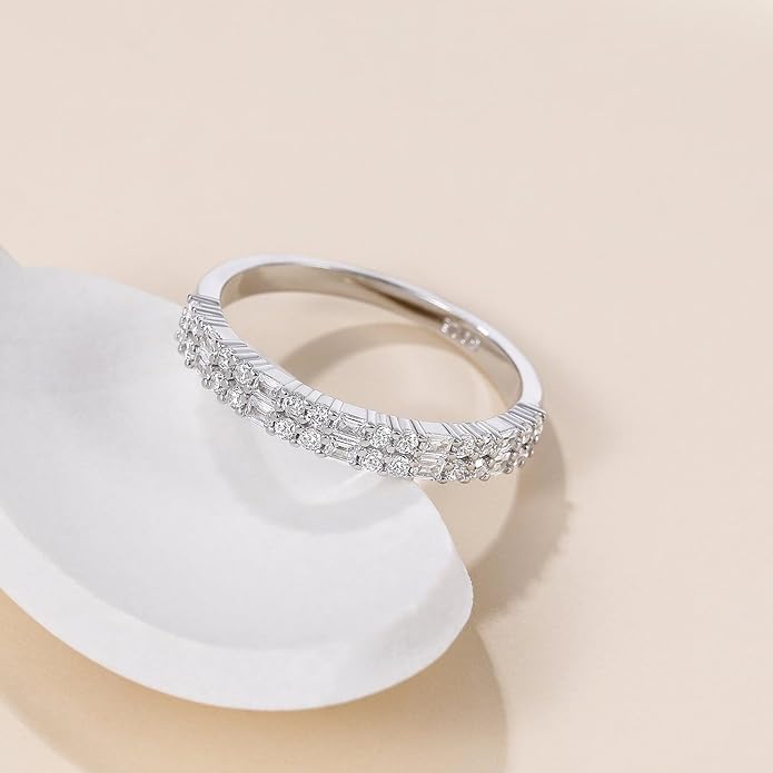 EAMTI 925 Sterling Silver Wedding Bands for Women Baguette Round Cubic Zirconia Stackable Promise Rings for Her Size 4-10