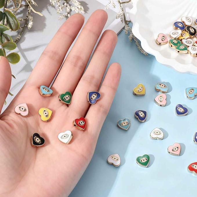 MECCANIXITY 20 Pcs Heart Evil Eye Beads Colorful Flat Loose Spacer Evil Eye Charms for DIY Bracelet Earrings Necklace Crafts Jewelry Making, White