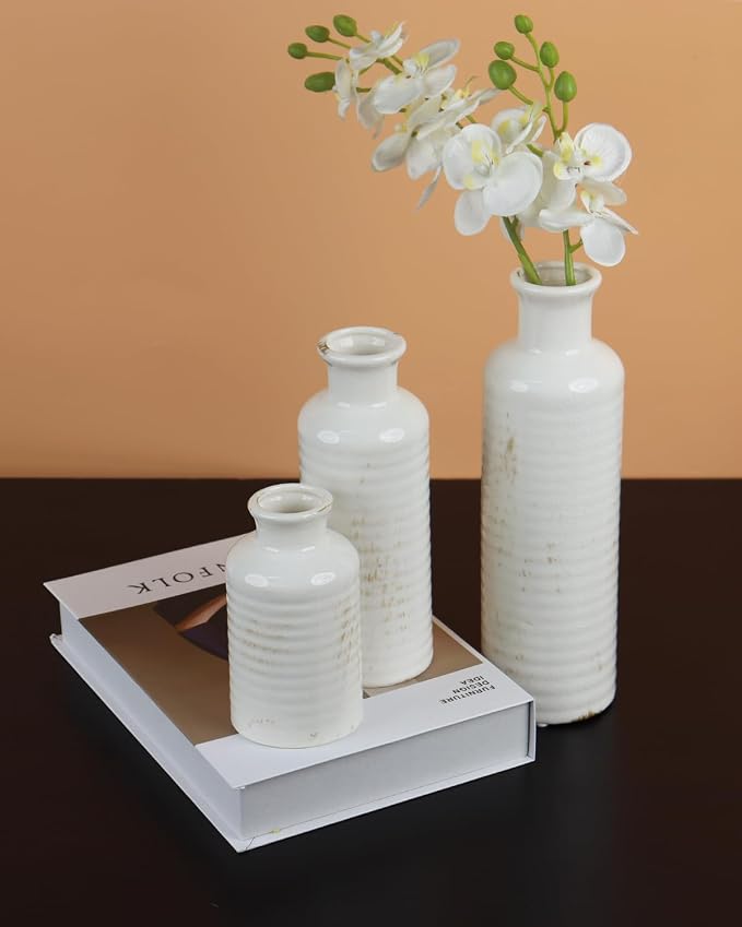 White Ribbed Ceramic Vase Set of 3, Clay Bottle Vases - Image 4