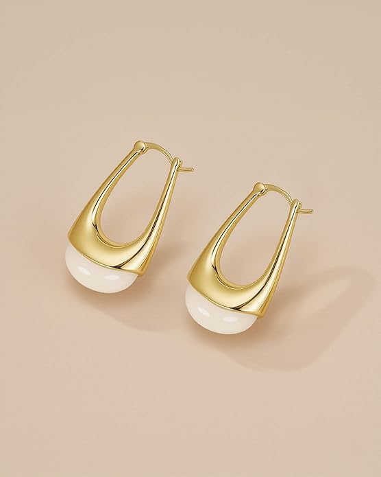 Long Oval Chunky Dangle 18K gold plated Hoops with Colored Resin Gemstone Statement Earrings for Women by SNGIA, (Green, Brown, Blue, Pink, White, Cream), Bold Drop Handmade Exaggerated Irregular Trendy Bohemian Jewelry Gifts, Unique Dangling Teardrop ...