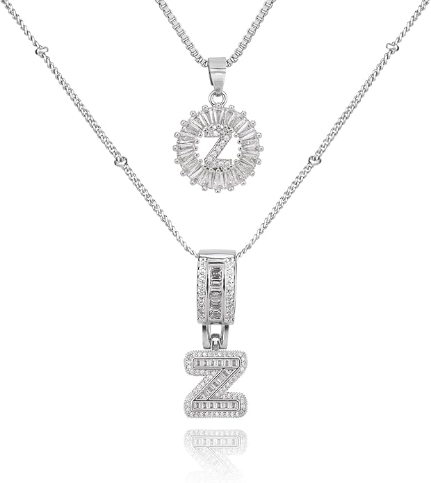 Initial Letter Necklace for Women 14k White Gold Silver Plated Dainty Necklaces Trendy Chunky Custom Layered Necklace Set Personalized Round Circle Zirconia A-Z Letter Chain Pendant Jewelry Gift