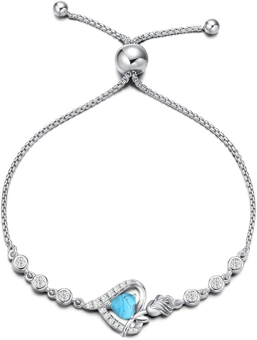 AGVANA Valentines Day Gifts Rosy Reverie Birthstone Bracelet for Women Sterling Silver Genuine or Created Gemstone Tennis Bracelet Rose Heart Jewelry Anniversary Birthday Gifts for Women Mom Wife Her