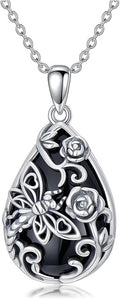 Black Onyx Necklace 925 Sterling Silver Flower Insect Pendant Teardrop Onyx Jewelry Valentines Day Birthday Gifts for Women