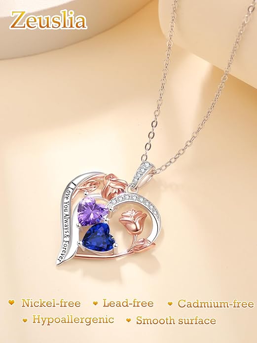 Valentine's Day Gifts for Wife 925 Sterling Silver Double Birthstone Pendant Necklaces I Love You for Always and Forever Necklace Anniversary Birthday Gifts for Wife Girlfriend Mom Her