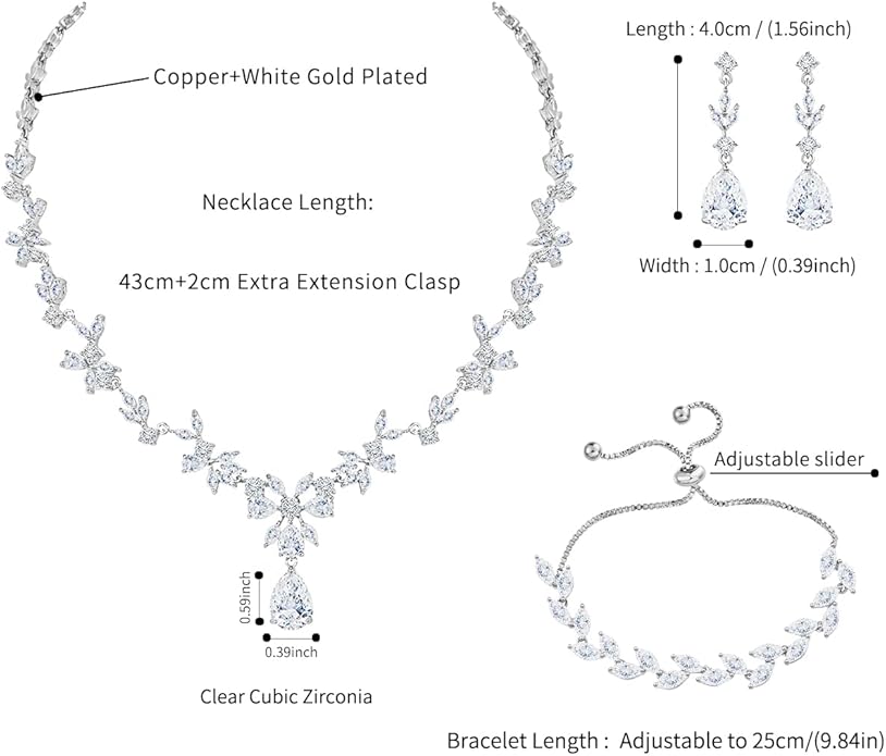 Bridal Wedding Jewelry CZ Set Marquise Teardrop Cubic Zirconia Pendant Necklace and Dangle Earring Bracelet Sets for Women