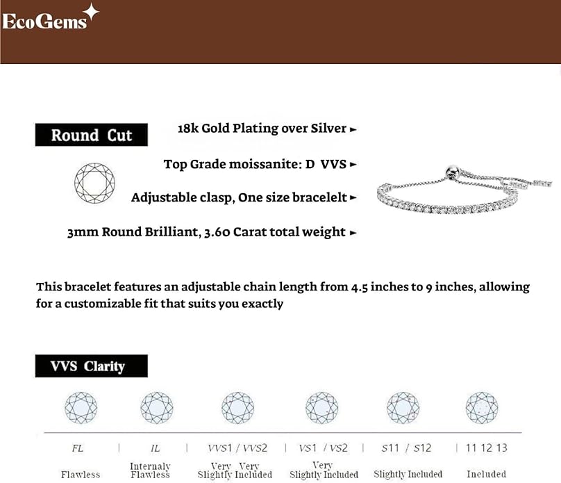 EcoGems Lab Grown Gemstone & Moissanite Bracelets – 14K/18K White or Yellow Gold Plated Sterling Silver – D Color VVS/VS Clarity – Elegant Sustainable Jewelry Gift with Gift Box