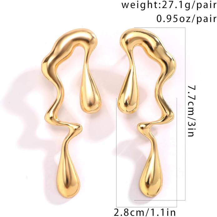 Bold Molten Gold Drop Earrings for Women Oversized Abstract Liquid Metal Drip Design Statement Punk Fashion Jewelry Accessory for Party Night Out Gift
