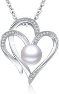 8mm Pearl Necklace 925 Sterling Silver Jewelry AAAAA Cubic Zirconia Heart Pendant Necklace Best Gifts for Mom Women Girlfriend Grandma Friend Lover Her Wedding Birthday Anniversary Graduation Daily