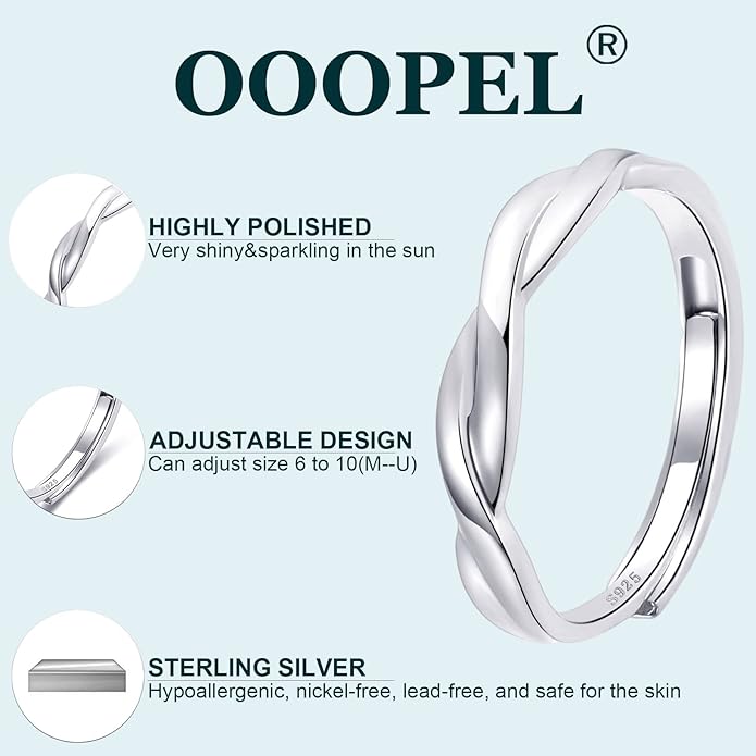 OOOPEL Sterling Silver Adjustable Ring S925 Silver Rings for Women Cubic Zirconia Twist Love Knot Dainty Ring Silver Minimalist Open Finger Rings Silver Thumb Sterling Silver Ring