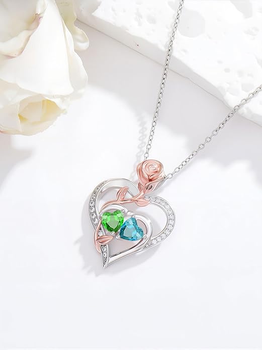 Rose Flower Heart Pendant for Women Birthday Gifts 18k Gold Plated Mother Daughter Necklace with 12 Months Birthstone Christmas Valentines Day Gifts for Her Mom Anniversarry Jewelry for Mom Wife Girlfriend