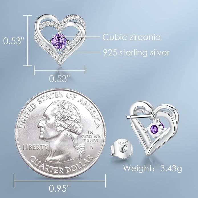 CDE Forever Love Heart Stud Earrings for Women, 925 Sterling Silver Birthstone Heart Stud Earrings Christmas Day Mother's Day Gift Anniversary Birthday Jewelry Gifts for Women Wife Her