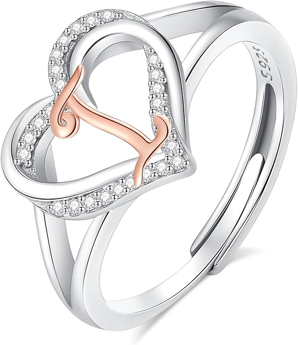 INFUSEU 925 Sterling Silver Initial Heart Ring for Women Girls, Adjustable Size