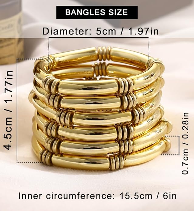iF YOU 6pcs Chunky Acrylic Bangle Bracelets for Women, Resin Bamboo Brown Stretchy Bracelet Stack, Fashion Jewelry for Women
