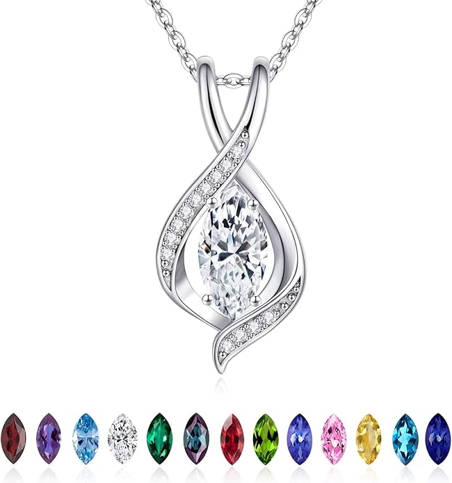 Iefil Valentines Day Gifts for Her, 925 Sterling Silver Marquise Birthstone Necklace Birthday Gifts Dainty Necklaces Birthstone Jewelry for Wife Daughter, 19"+2" Inches