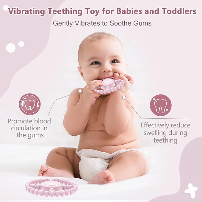 Vibrating Sensory Teething Toys, Soothing Chew Ring for Babies 6-18 Months, Autism Support & Oral Development, USB Rechargeable Teether for Toddlers, 1-2 Year Old Boys Girls Gifts idea (Pink)