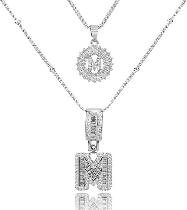 Initial Letter Necklace for Women 14k White Gold Silver Plated Dainty Necklaces Trendy Chunky Custom Layered Necklace Set Personalized Round Circle Zirconia A-Z Letter Chain Pendant Jewelry Gift