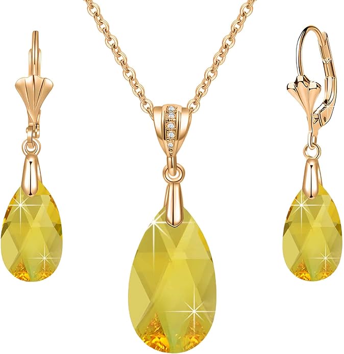 EVEVIC Austrian Crystals Teardrop Pendant Necklace Earrings for Women 14K Gold Plated Hypoallergenic Leverback Drop Dangle Earrings Jewelry Set