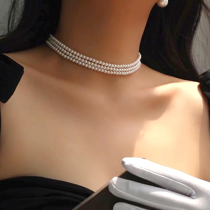 Zeffy Pearl Necklace 4MM/6MM/8MM Dainty Round Imitation Pearl Choker Necklace Wedding Pearl Necklace Delicate Jewelry for Women Simple Bridesmaid Jewelry Gifts