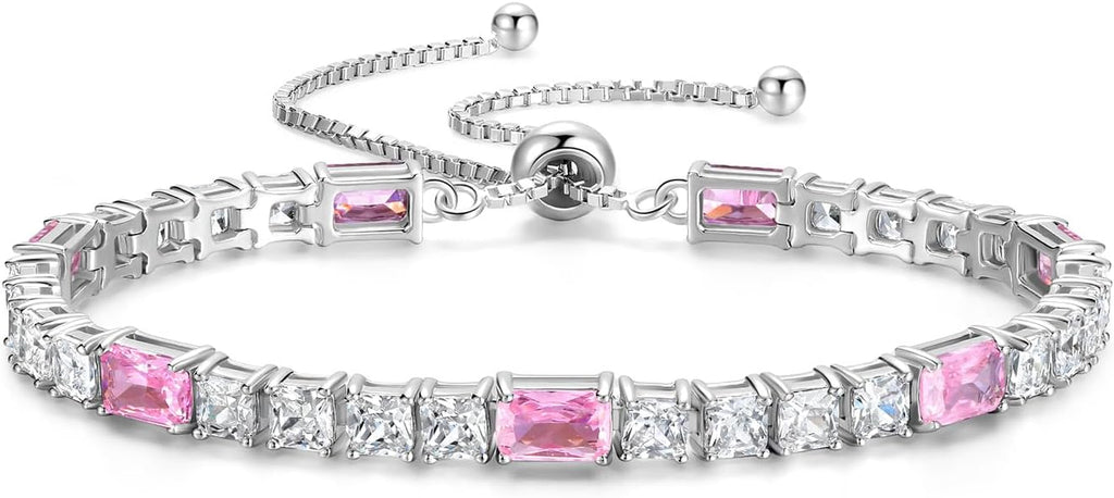 FANCIME Birthstone Bracelet for Women, Sterling Silver 4x6mm Gemstone Tennis Bracelet Bolo Adjustable Chain Fine Jewelry Birthday Gifts for Women Mom Wife Her
