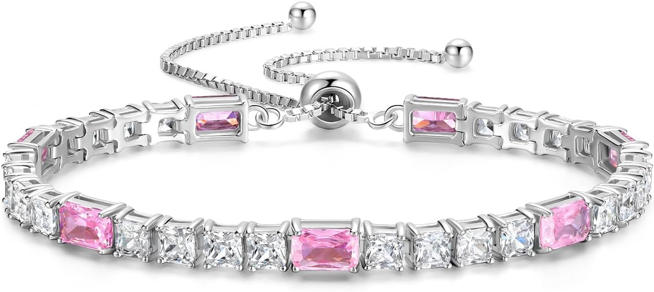 FANCIME Birthstone Bracelet for Women, Sterling Silver 4x6mm Gemstone Tennis Bracelet Bolo Adjustable Chain Fine Jewelry Birthday Gifts for Women Mom Wife Her