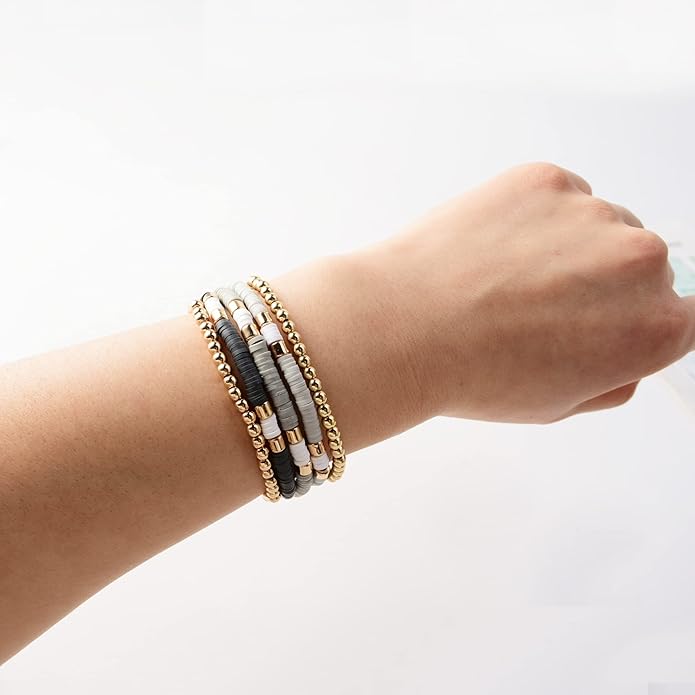 GOOJIDS Surfer Heishi Clay Bead Bracelets for Women Bohemian Stackable Gold Plated Beaded Stretch Bracelets Elastic Layering Friendship Bracelets Set Boho Jewelry