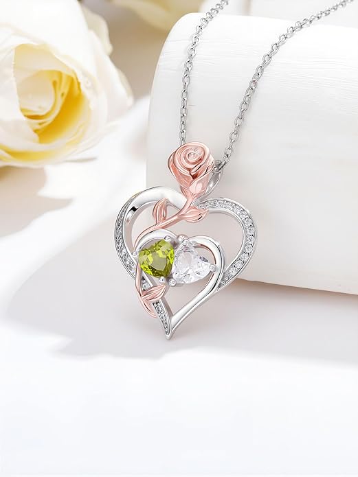 Rose Flower Heart Pendant for Women Birthday Gifts 18k Gold Plated Mother Daughter Necklace with 12 Months Birthstone Christmas Valentines Day Gifts for Her Mom Anniversarry Jewelry for Mom Wife Girlfriend