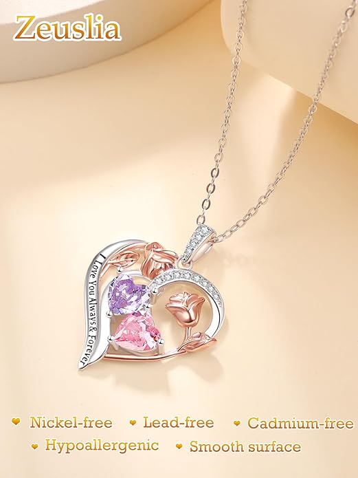 Valentine's Day Gifts for Wife 925 Sterling Silver Double Birthstone Pendant Necklaces I Love You for Always and Forever Necklace Anniversary Birthday Gifts for Wife Girlfriend Mom Her
