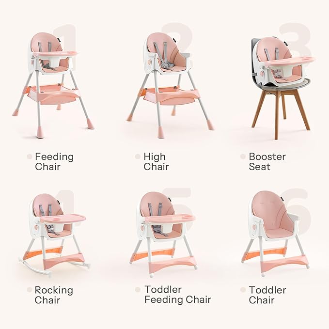 HARPPA 6-in-1 Convertible Baby High Chair for Toddlers, Foldable Highchair with Removable Tray for Eating & Playing, Adjustable 5-Point Safety Harness, Toddler High Chair with PU Cushion, Pink