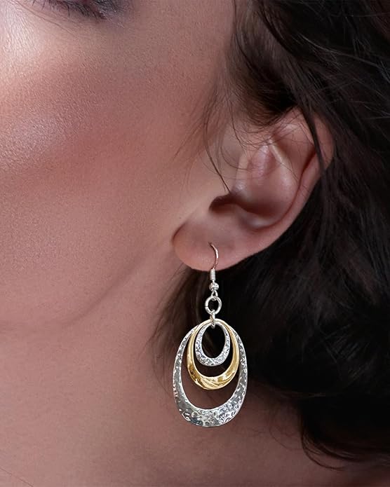 Boho Three Oval Drop Dangle Earrings Silver Earrings for Women Trendy Two Tone Bohemian Jewelry for Thanksgiving and Christmas Gifts