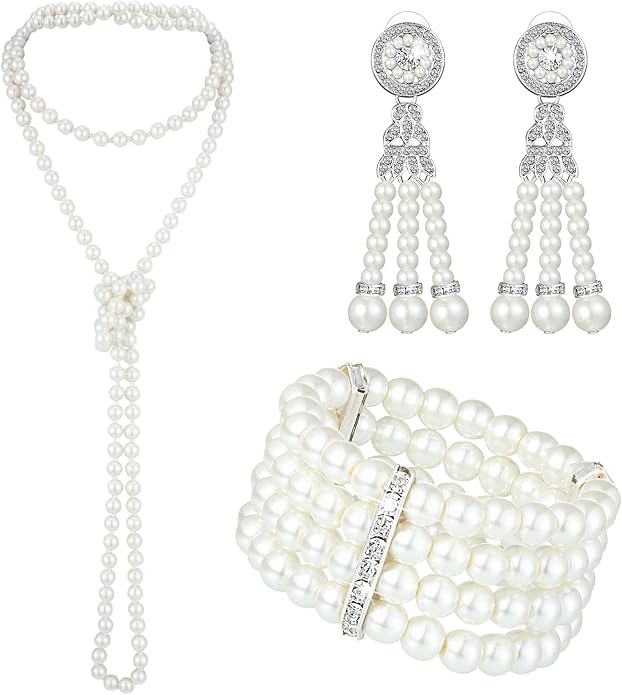 Maitys 3 Pcs 1920s Pearl Jewelry Set Includes Vintage Flapper Earrings Multilayer Imitation Pearl Necklace Bracelet for Women