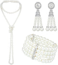 Maitys 3 Pcs 1920s Pearl Jewelry Set Includes Vintage Flapper Earrings Multilayer Imitation Pearl Necklace Bracelet for Women