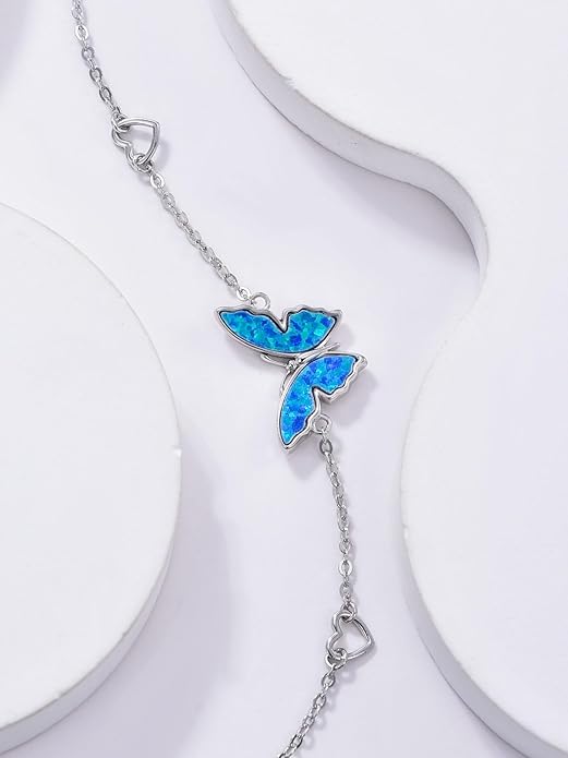 WINNICACA 925 Sterling Silver Anklets for Women Adjustable Beaded Butterfly Opal Anklet Bracelet Foot Chains Jewelry Gifts for Women Beach Birthday Christmas Gift