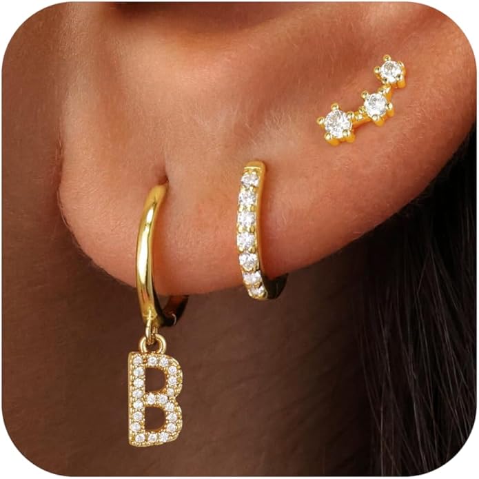 Valentines Day Gifts for Kids Girls - 3 Pairs Gold Earrings for Women Huggie Hoop Earrings for Girls with Initial Dangle Cartilage Earring Studs Hypoallergenic Earring Set for Multiple Piercing